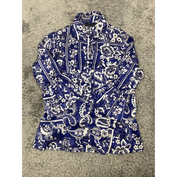 Ninety Blouse Womans Medium Blue Floral Satin Long Sleeve Ruffle Button Up Shirt - Picture 1 of 8